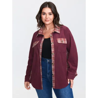 Bloomchic Women's Plus Size Plaid Pattern Textured Contrast Button-down Shirt Burgundy Casual Long Sleeve Coll