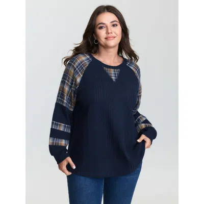 Bloomchic Women's Plus Size Plaid Pattern Textured Raglan Sleeve Sweatshirt Darkblue Not Graphics Casual Round In Blue