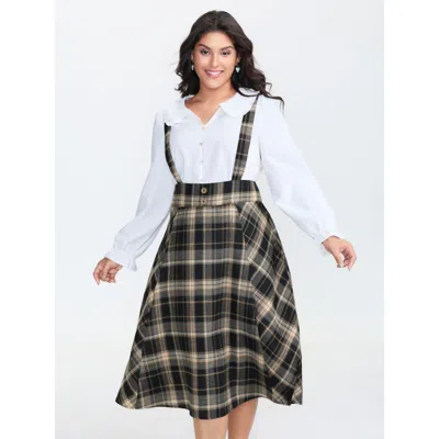 Bloomchic Women's Plus Size Plaid Pleated Pocketed Overall Dress Multicolor Plaid Midi Casual Button 14-16/1x