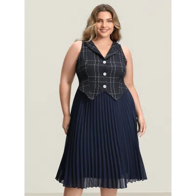 Bloomchic Women's Plus Size Plaid Pleated Skirt Contrast Vest Midi Dress Indigo Plaid Midi Office Pleated 10/m In Purple