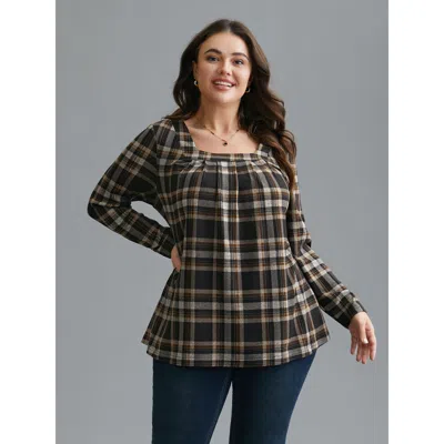 Bloomchic Women's Plus Size Plaid Pleated Square Neckline Knit Top Darkbrown Long Sleeve Casual 12/l In Brown