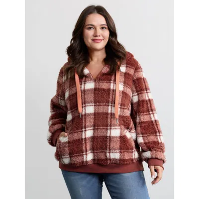 Bloomchic Women's Plus Size Plaid Plush Slant Pockets Hoodie Rust Casual 10/m In Brown