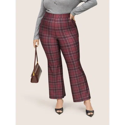 Bloomchic Women's Plus Size Plaid Pocket Elastic Waist Bootcut Leggings Maroon High Stretch High Rise Office 1 In Burgundy