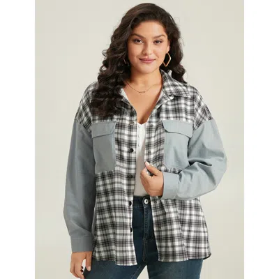 Bloomchic Women's Plus Size Plaid Pocket Patchwork Contrast Coat Lightblue Colorblock 12/l In Blue