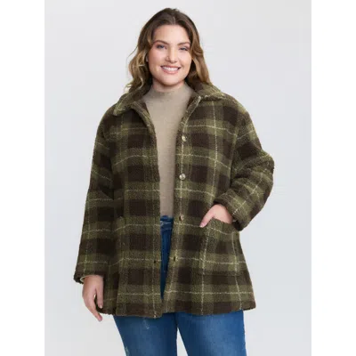 Bloomchic Women's Plus Size Plaid Pockets Button-down Coat Armygreen Texture H-line 12/l