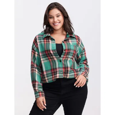 Bloomchic Women's Plus Size Plaid Pockets Button-down Shirt Darkgreen Casual Sleeveless 10/m In Green