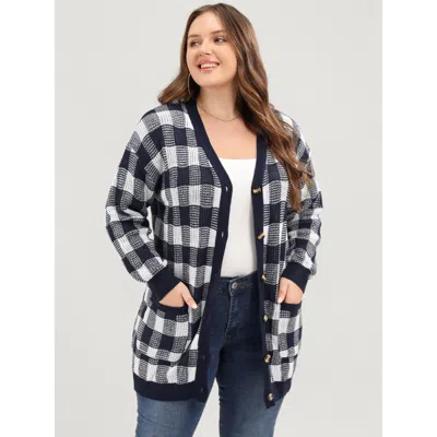 Bloomchic Women's Plus Size Plaid Pointelle Knit Pocket Button Front Cardigan Midnight Long Sleeve 14-16/1x In Blue