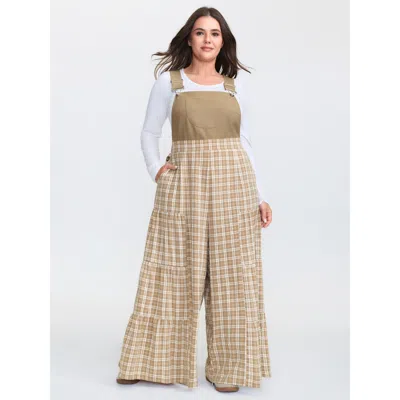 Bloomchic Women's Plus Size Plaid Print Adjustable Straps Flared Jumpsuit Tan Casual 12/l In Brown