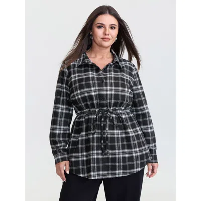 Bloomchic Women's Plus Size Plaid Print Adjustable Waist Button-down Shirt Black Office Extra Long Sleeve 10/m