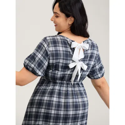 Bloomchic Women's Plus Size Plaid Print Back Bowknots Contrast Midi Dress Midnight Plaid Midi Casual Tie Knot  In Blue