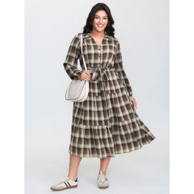 Bloomchic Women's Plus Size Plaid Print Belted Maxi Shirt Dress Browncoffeecolor Plaid Midi Casual Tie Knot 10