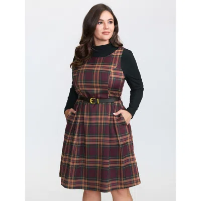 Bloomchic Women's Plus Size Plaid Print Belted Sleeveless Mini Dress Maroon Plaid Mini Elegant Non 22-24/3x In Burgundy