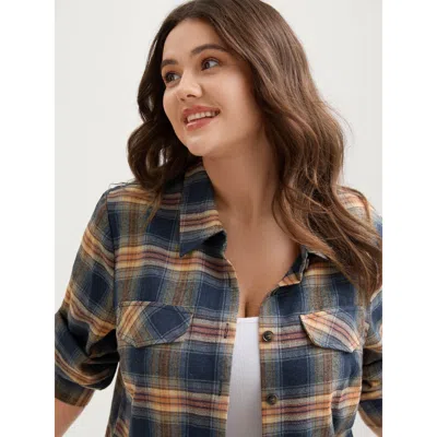 Bloomchic Women's Plus Size Plaid Print Button Down Shirt Darkblue Casual Long Sleeve Collared Neck 10/m In Blue