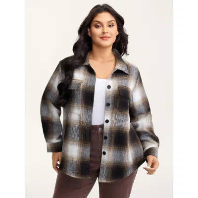 Bloomchic Women's Plus Size Plaid Print Button-down Jacket Darkbrown H-line 10/m In Brown