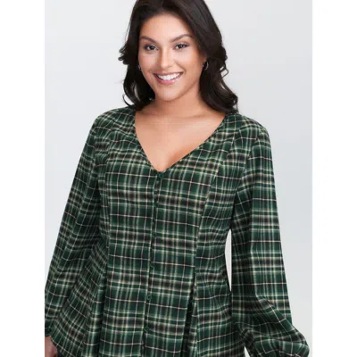 Bloomchic Women's Plus Size Plaid Print Cinched-waist V-neck Blouse Darkgreen Plaid Casual Extra Long Sleeve 3 In Green