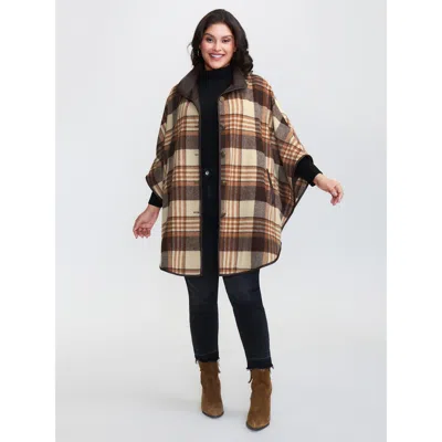 Bloomchic Women's Plus Size Plaid Print Collar Pockets Coat Browncoffeecolor T-line 12/l