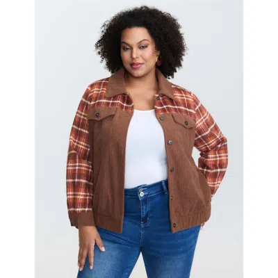 Bloomchic Women's Plus Size Plaid Print Color Contrast Button Jacket Browncoffeecolor Colorblock Straight Fit 