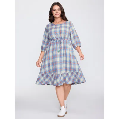 Bloomchic Women's Plus Size Plaid Print Drawstring Waist Pockets Midi Dress Lightblue Plaid Knee Casual Drawst In Blue
