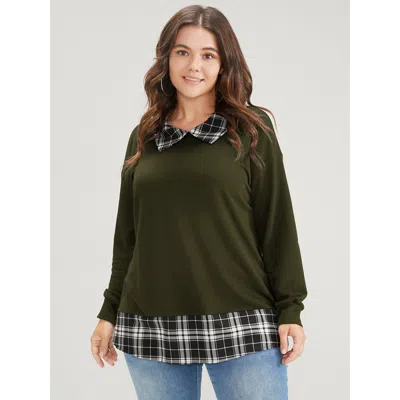 Bloomchic Women's Plus Size Plaid Print Drop Shoulder 2-in-1 Sweatshirt Armygreen Plaid Dailywear 14-16/1x