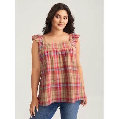 Bloomchic Women's Plus Size Plaid Print Flutter Sleeve Pleated Blouse Raspberry Plaid Casual Short Sleeve Squa In Pink