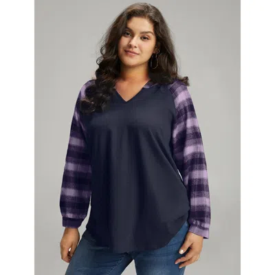 Bloomchic Women's Plus Size Plaid Print Hooded Patchwork Sweatshirt Indigo Not Graphics Casual V-neck 22-24/3x In Purple