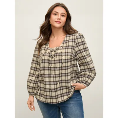 Bloomchic Women's Plus Size Plaid Print Neck Tie-up Blouse Darkbrown Plaid Office Long Sleeve 12/l In Brown