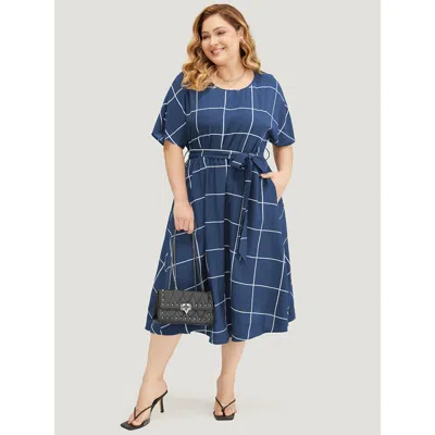 Bloomchic Women's Plus Size Plaid Print Pocket Belted Ruffle Hem Dolman Sleeve Dress Darkblue Dailywear Cross  In Blue