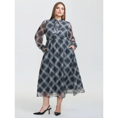 Bloomchic Women's Plus Size Plaid Print Sheer Mesh Neck Tie Midi Dress Mediumblue Plaid Maxi Office 18-20/2x