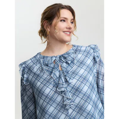 Bloomchic Women's Plus Size Plaid Print Sheer Ruffled Blouse Stone Plaid Elegant Long Sleeve 10/m In Gray