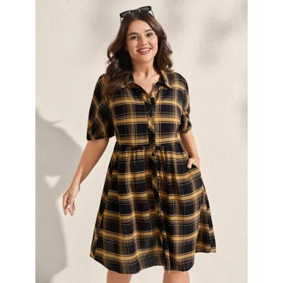 Bloomchic Women's Plus Size Plaid Print Side Pockets Mini Shirt Dress Yellowishbrown Plaid Mini Casual Ruched 