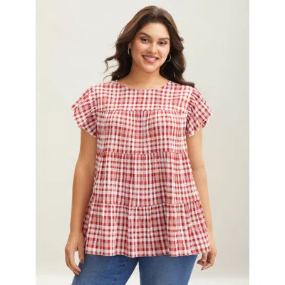 Bloomchic Women's Plus Size Plaid Print Textured Lotus Leaf Sleeve Shirt Crimson Plaid Casual Cap Sleeve 10/m In Red