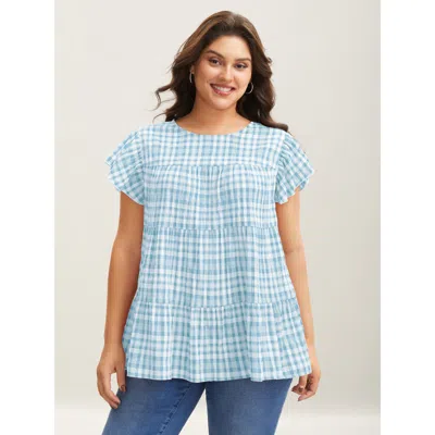 Bloomchic Women's Plus Size Plaid Print Textured Lotus Leaf Sleeve Shirt Lightblue Plaid Casual Cap Sleeve 10/ In Blue
