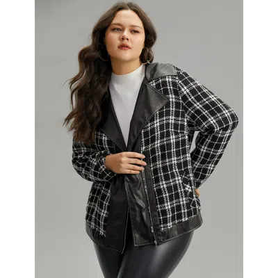 Bloomchic Women's Plus Size Plaid Pu Patchwork Zipper Fly Jacket Black Colorblock 10/m