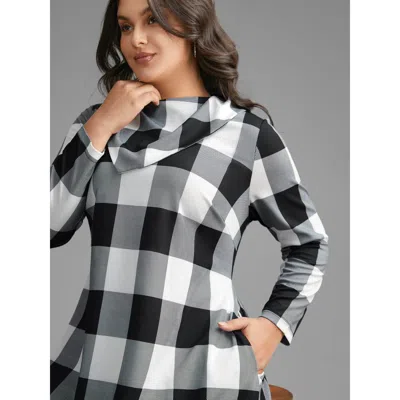 Bloomchic Women's Plus Size Plaid Ruffled Collar Pocket Midi Dress Black Plaid Midi Everyday Non 10/m