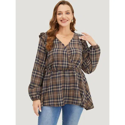 Bloomchic Women's Plus Size Plaid Ruffles Trim Lantern Sleeve Asymmetrical Hem Wrap Blouse Darkbrown Plaid Dai In Brown