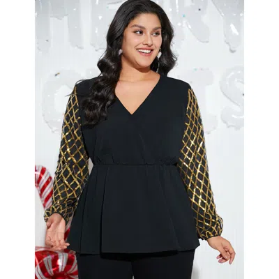 Bloomchic Women's Plus Size Plaid Sequin Patchwork Wrap Blouse Black Festival-christmas Long Sleeve 14-16/1x