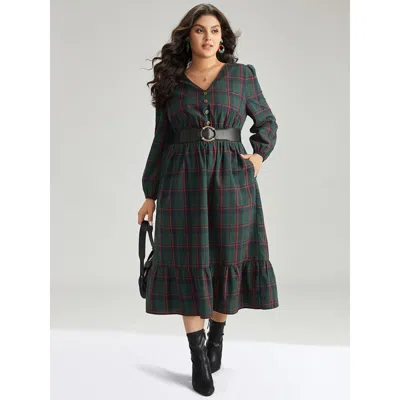 Bloomchic Women's Plus Size Plaid Shirred Button Detail Ruffle Hem Dress Multicolor Festival-christmas Elastic