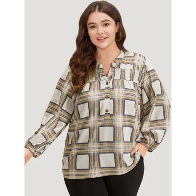 Bloomchic Women's Plus Size Plaid Shirred Notched Button Up Blouse Tan Office Long Sleeve 10/m In Brown
