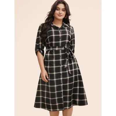 Bloomchic Women's Plus Size Plaid Shirt Collar Belted Tab Sleeve Dress Black Plaid Midi Everyday Belted 30/6x