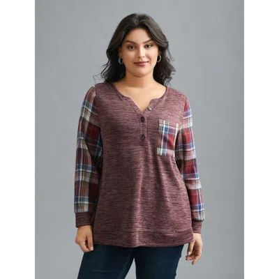 Bloomchic Women's Plus Size Plaid Sleeve Button Up Patchwork Sweatshirt Burgundy Casual 10/m