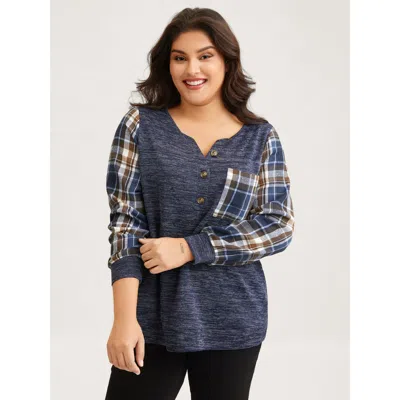 Bloomchic Women's Plus Size Plaid Sleeve Button Up Patchwork Sweatshirt Indigo Casual 10/m In Purple
