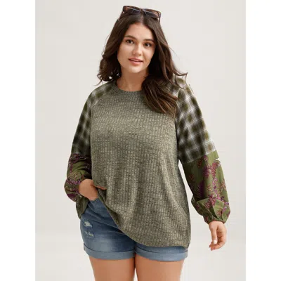 Bloomchic Women's Plus Size Plaid Sleeve Color Contrast Textured Sweatshirt Armygreen Not Graphics Casual Roun