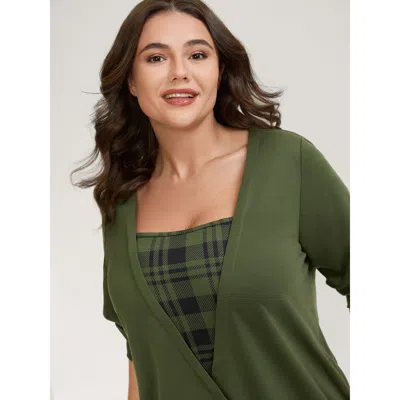 Bloomchic Women's Plus Size Plaid Spliced Wrap Contrast Sweatshirt Armygreen Not Graphics Casual Square Neck 2