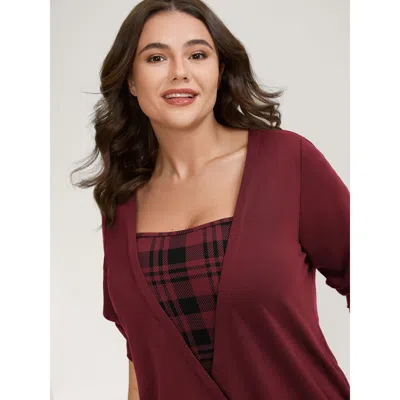 Bloomchic Women's Plus Size Plaid Spliced Wrap Contrast Sweatshirt Burgundy Not Graphics Casual Square Neck 10