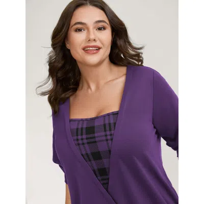 Bloomchic Women's Plus Size Plaid Spliced Wrap Contrast Sweatshirt Deeppurple Not Graphics Casual Square Neck 