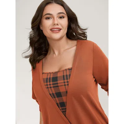 Bloomchic Women's Plus Size Plaid Spliced Wrap Contrast Sweatshirt Orangered Not Graphics Casual Square Neck 2