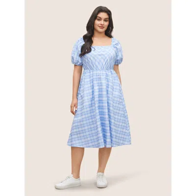 Bloomchic Women's Plus Size Plaid Square Neck Gathered Shirred Dress Lightblue Plaid Midi Everyday Non 14-16/1 In Blue