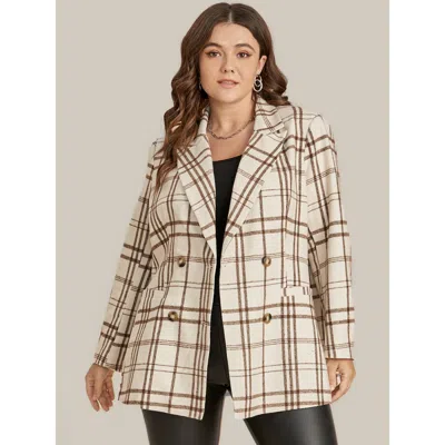 Bloomchic Women's Plus Size Plaid Suit Collar Button Down Pocket Blazer Champagne Plaid Button Sleeve Long Sle In Gold