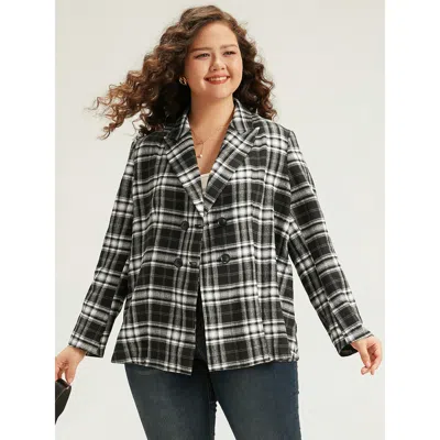 Bloomchic Women's Plus Size Plaid Suit Collar Button Fly Blazer Black Plaid Colorblock Sleeve Long Sleeve 14-1