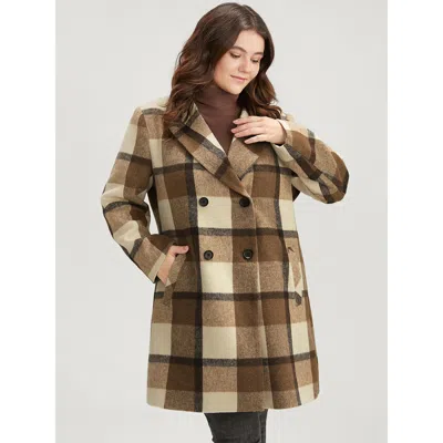 Bloomchic Women's Plus Size Plaid Suit Collar Double Breasted Pocket Blazer Chocolate Button 12/l In Brown